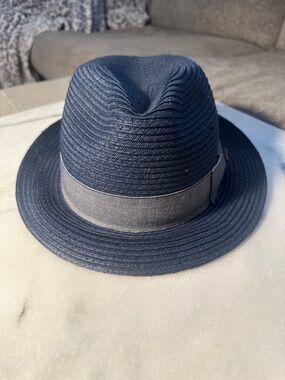 1917 Biltmore Navy Woven Fedora with Gray Band and metal name tag